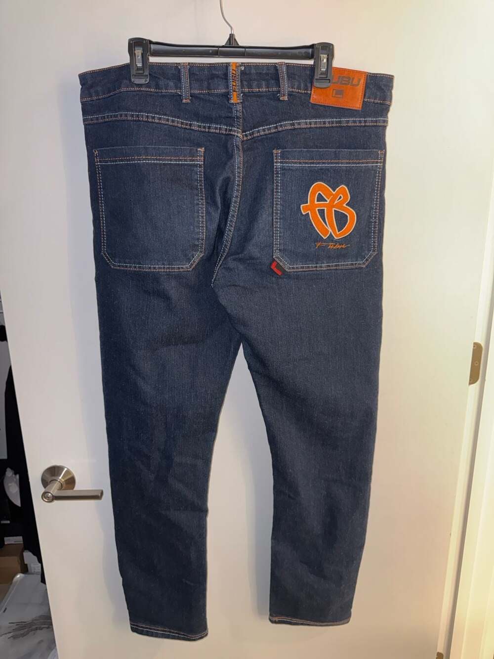 FUBU Men's Dark Wash Denim Jeans with Embroidered Logo
